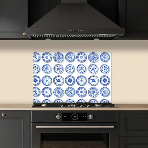 Borden - Bloemen - Patroon - Blauw keuken achterwand spatscherm klein 900 -sfeer1