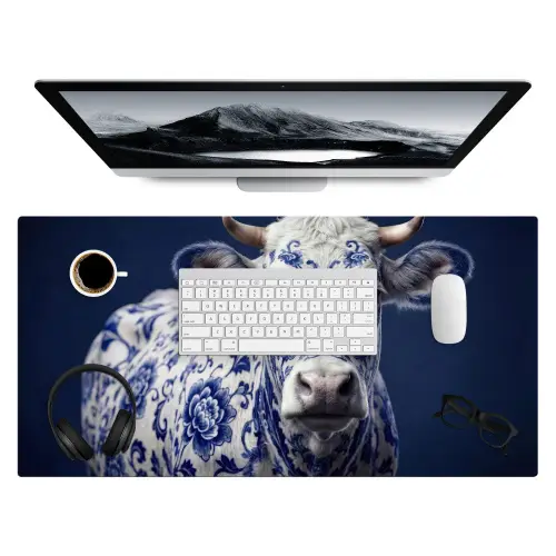 Koe - Delfts - Blauw - Artistiek Muismat XXL klein -3d