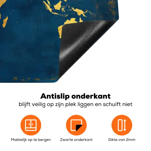 Wereldkaart - Goud - Donkerblauw Inductie beschermer vinyl 3mm klein -zzzzzzz-td-onderkant