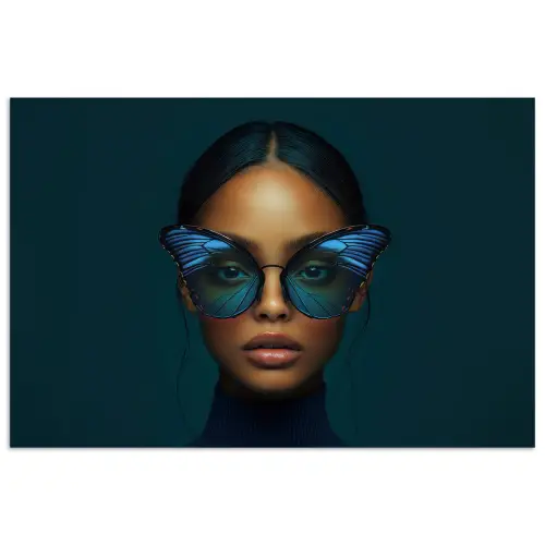 Vrouw - Vlinder - Bril - Blauw - Modern - Portret poster papier klein -3d