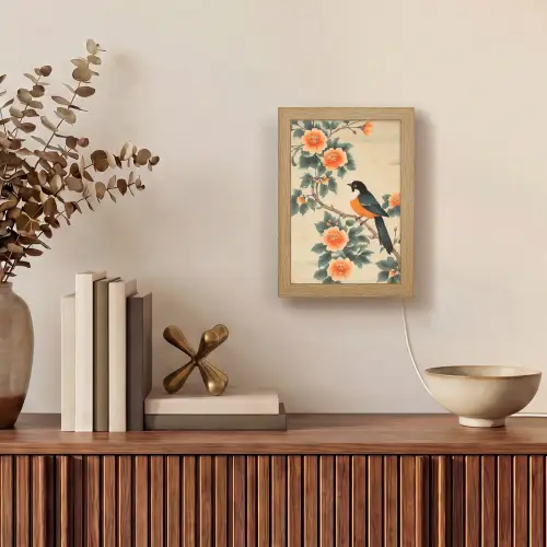Vogel - Tak - Bloemen - Oranje Light Box met kabel (Tafellamp) klein -sfeer2