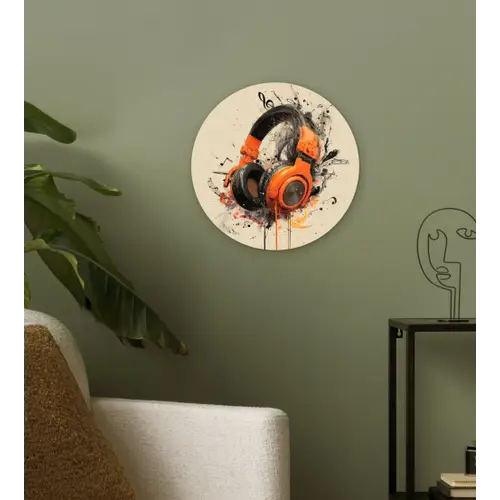 Koptelefoon - Oranje - Explosief Wandcirkel kunststof plaat 5mm dik klein -sfeer3