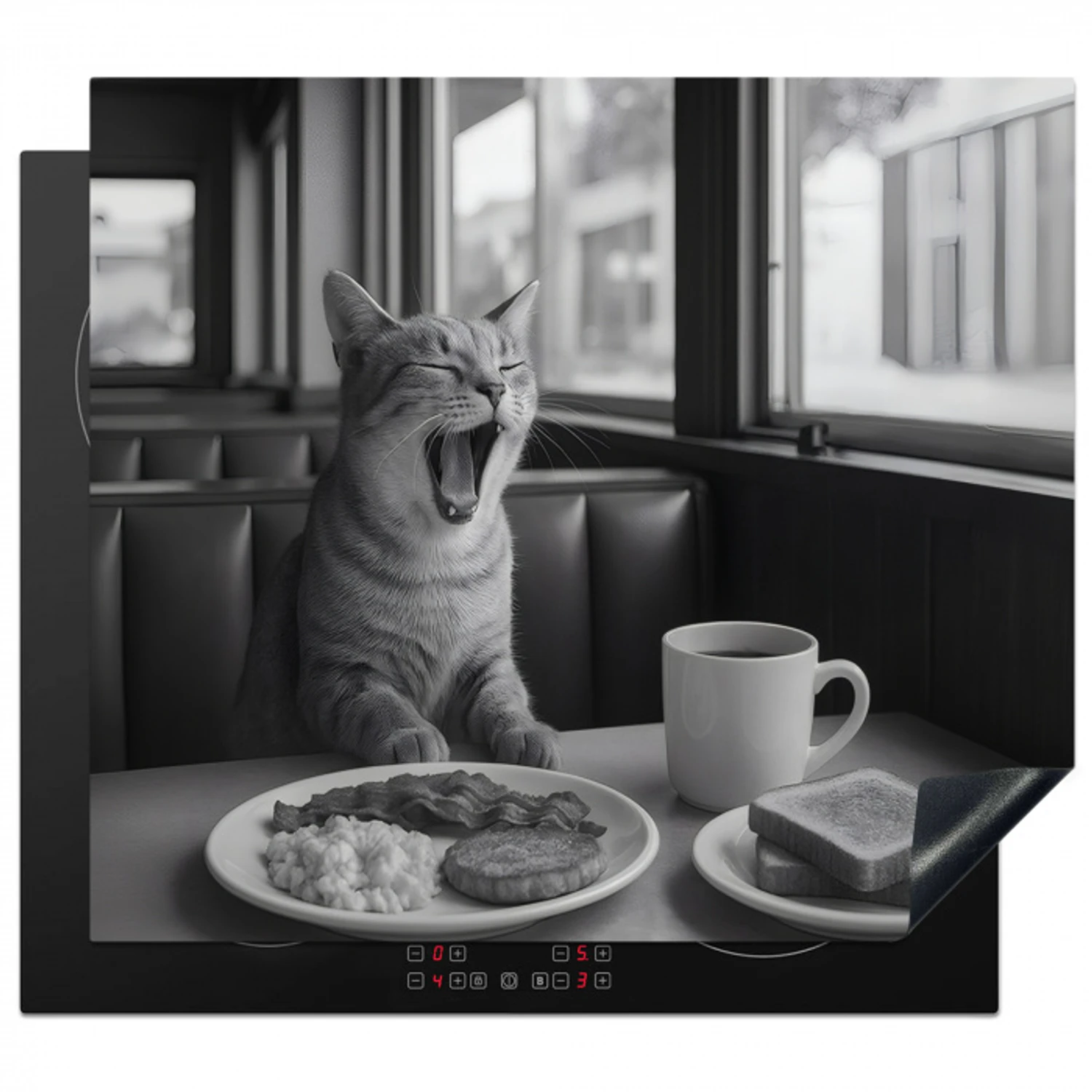 Kat - Koffie - Brood - Zwart Inductie beschermer vinyl 3mm middel -3d