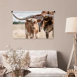 Texas Longhorn - Kalf - Weide - Dieren Wandkleed katoen middel -sfeer4