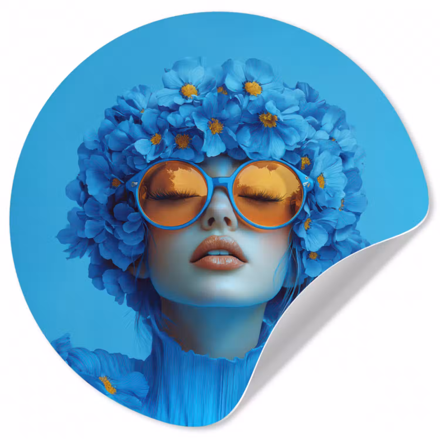 Runde Tapete - Frau - Blume - Blau - Modern - Brille - Porträt