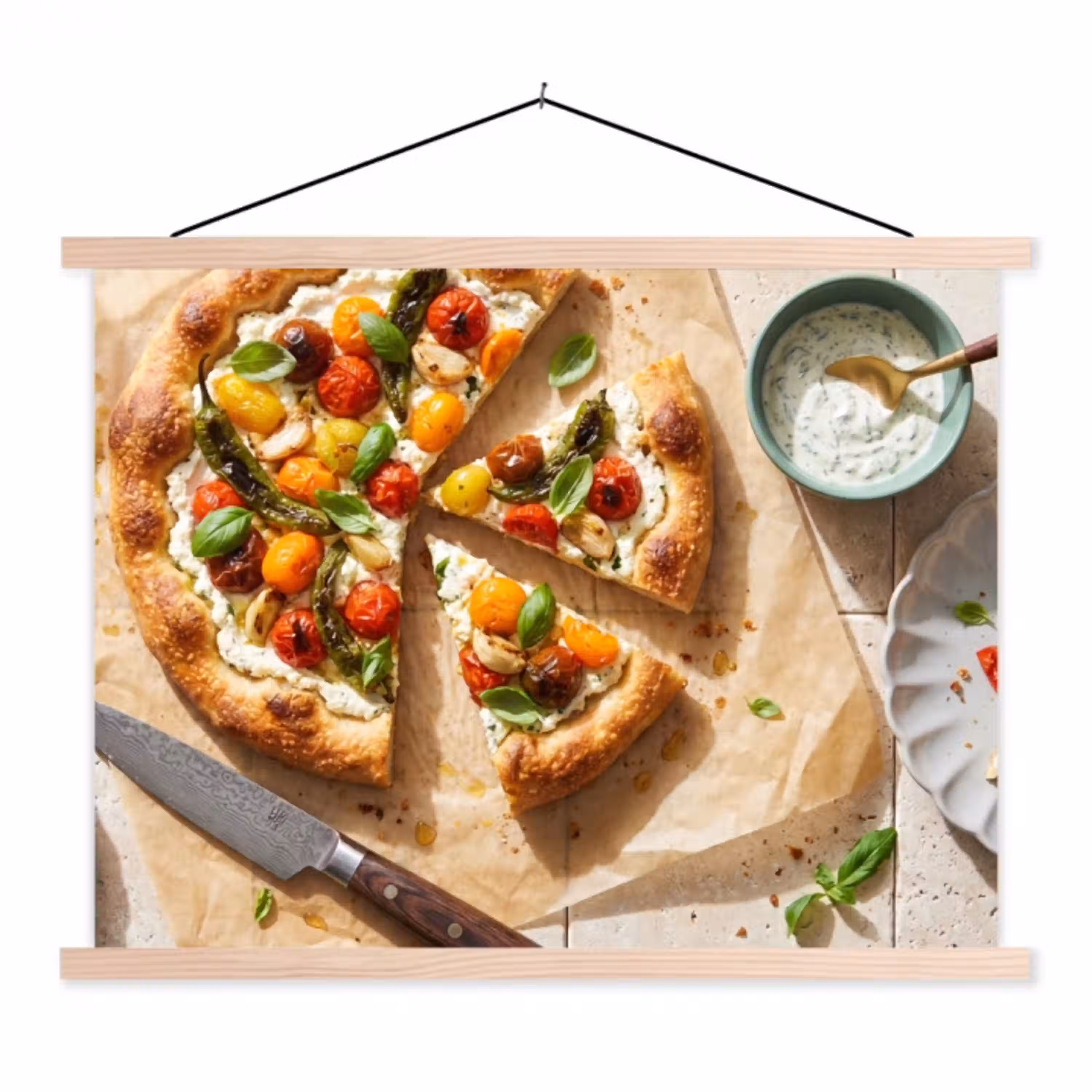 Eten - Tomaten - Basilicum - Maaltijd - Vers textielposter latten blank klein -3d