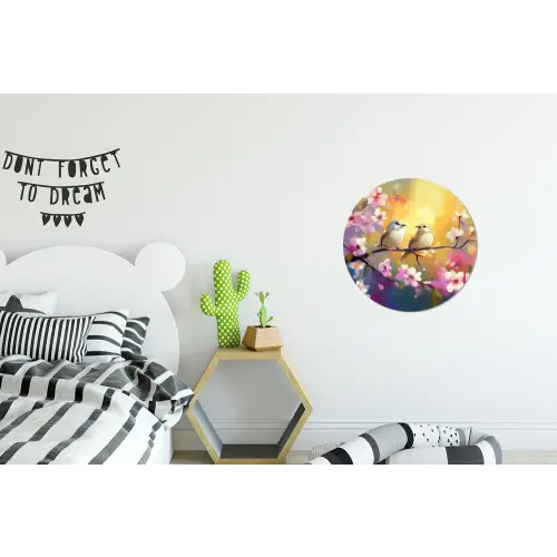 Vogels - Bloemen - Roze Wandcirkel aluminium klein -kinderkamer