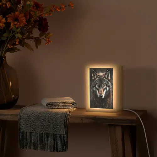Dieren - Wolf - Portret - Zwart - Bruin Light Box met kabel (Tafellamp) klein -sfeer4