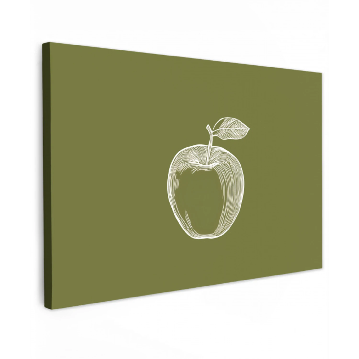 Lijntekening - Appel - Olijfgroen - Blaadje Tuinposter op houten frame 2 cm dik klein -3d