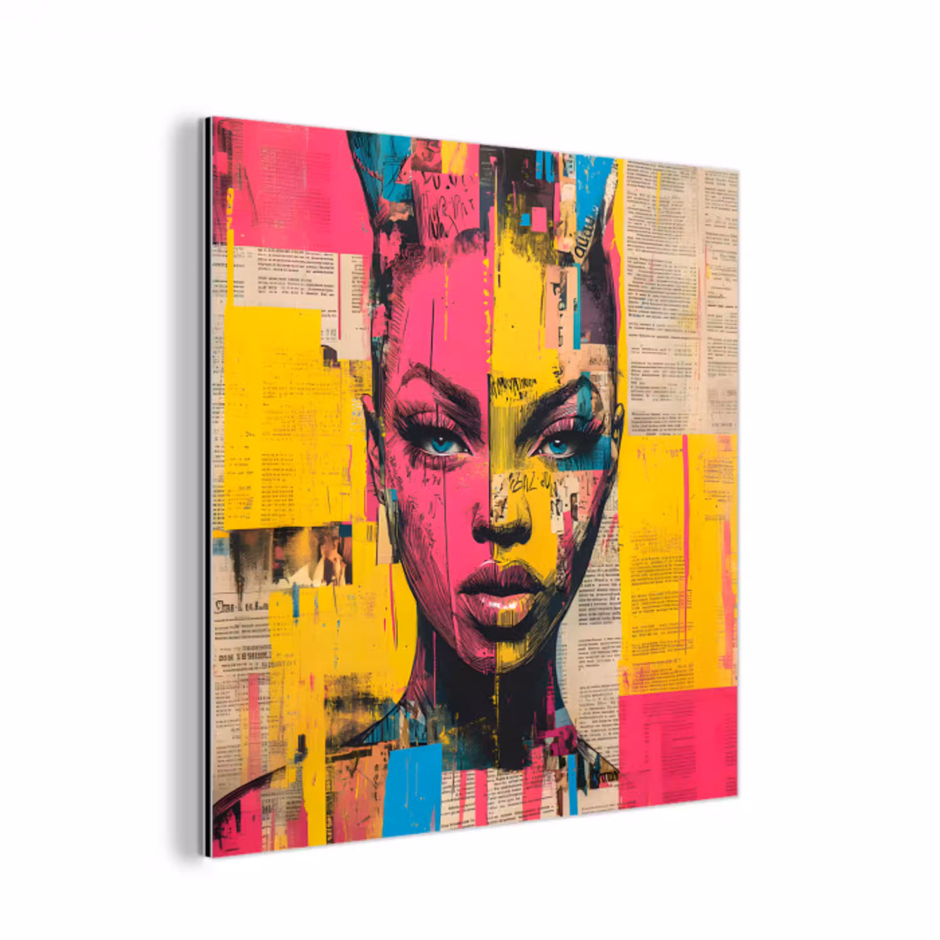 Vrouwengezicht - Krantenpapier - Abstract - Roze aluminium wit klein -3d