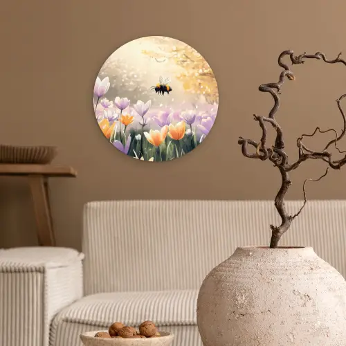Viooltjes - bij - Zonlicht Wandcirkel kunststof plaat 5mm dik klein -sfeer1