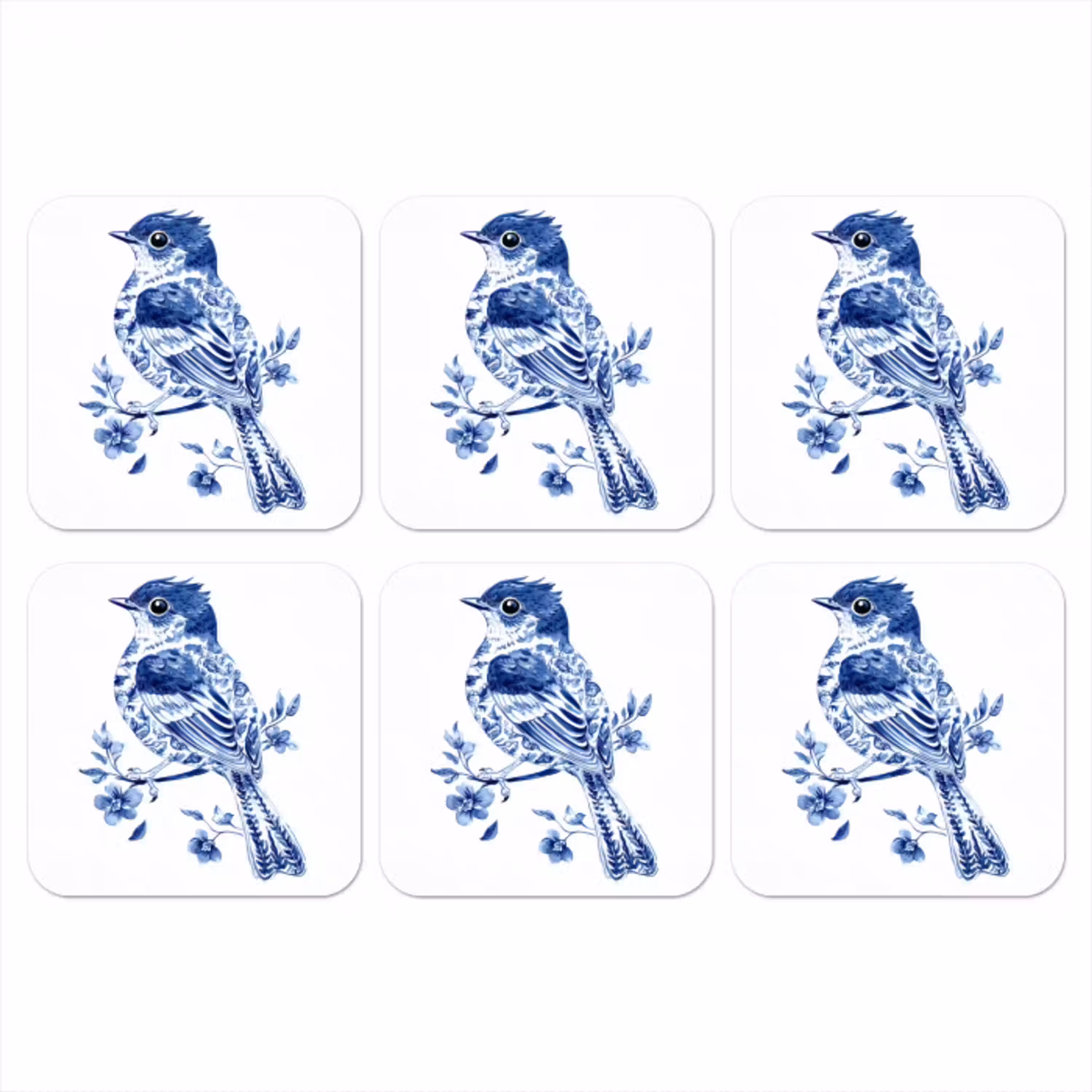Vogel - Delfts blauw - Illustratie - Bloemen onderzetter kurk middel -3d