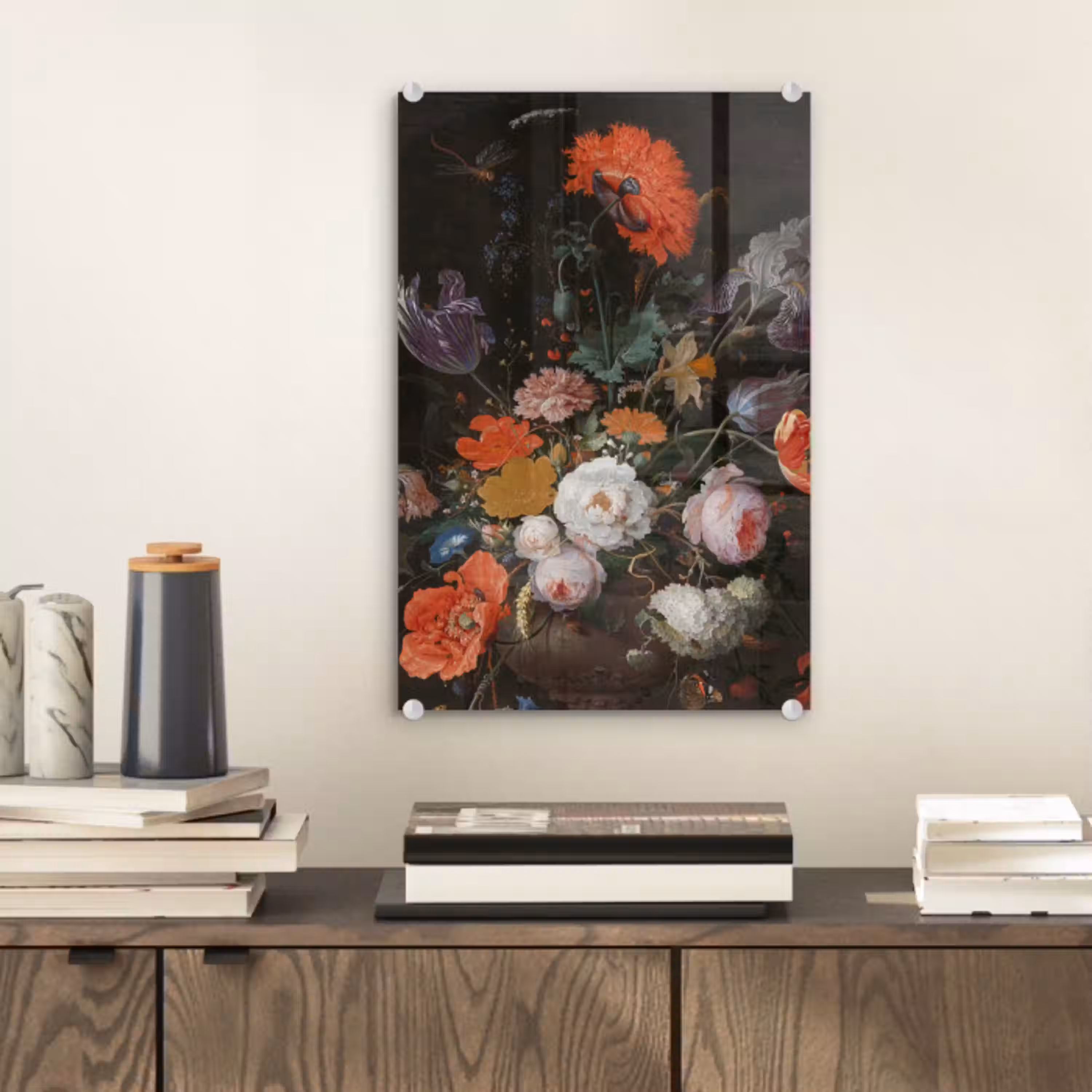 Stilleven met bloemen en een horloge - Schilderij van Abraham Mignon plexiglas 5mm klein -sfeer1