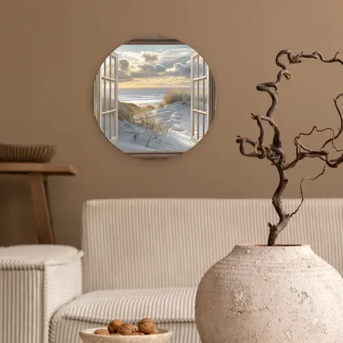Doorkijk - Strand - Duinen - Zee - Natuur Wandcirkel kunststof plaat 5mm dik klein -sfeer1