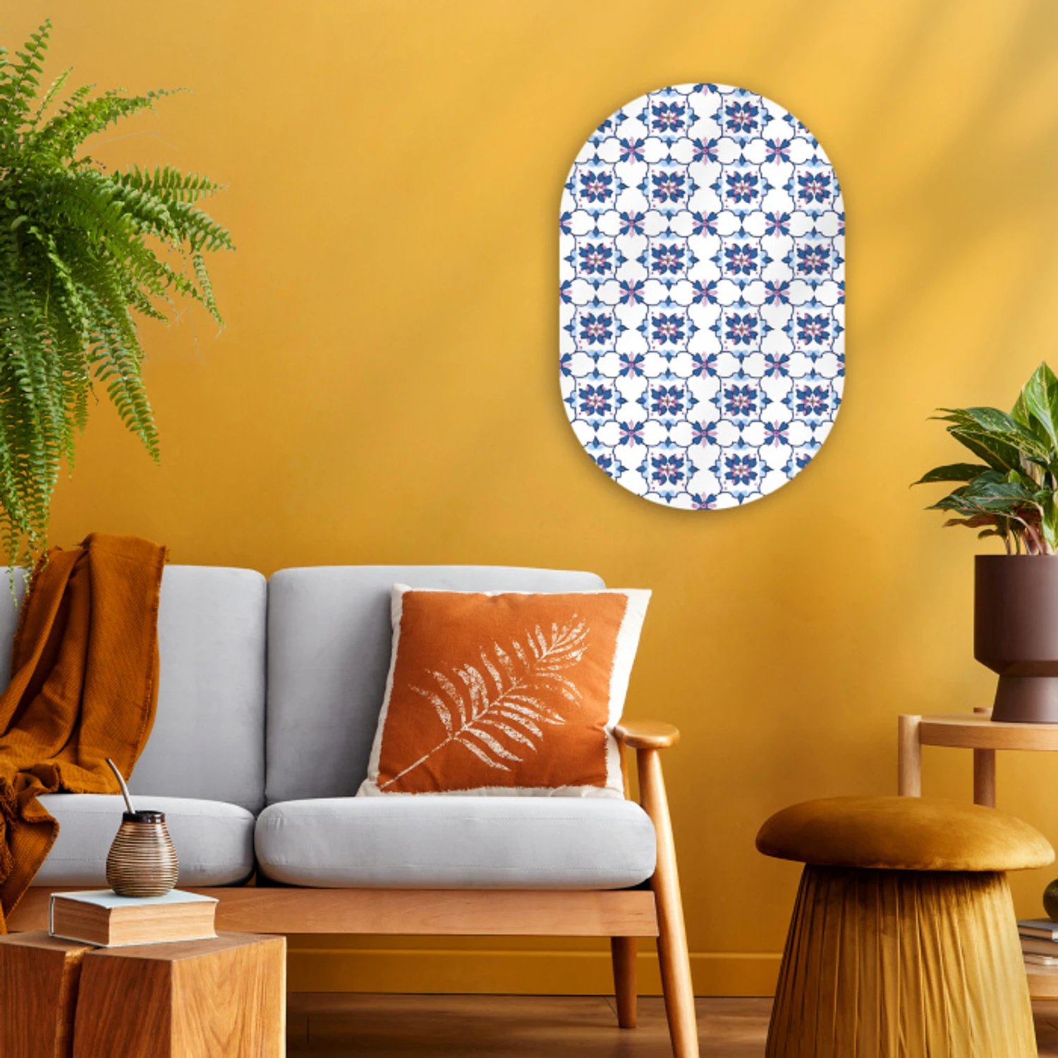 Modern - Patroon - Blauw - Roze Wandcirkel Ovaal Forex klein 630 -sfeer4