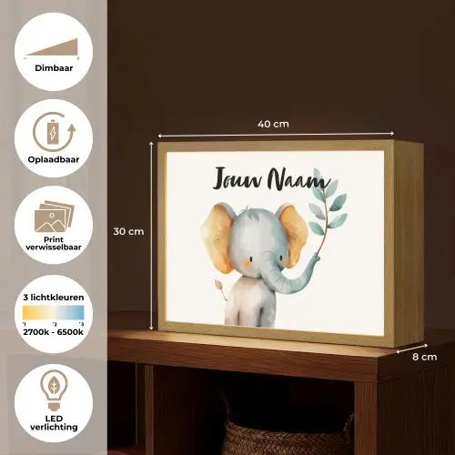 Olifant - Dier - Pastel kleuren Light Box met batterij (Wandlamp kind) middel -USP_websiteoverzichtNL