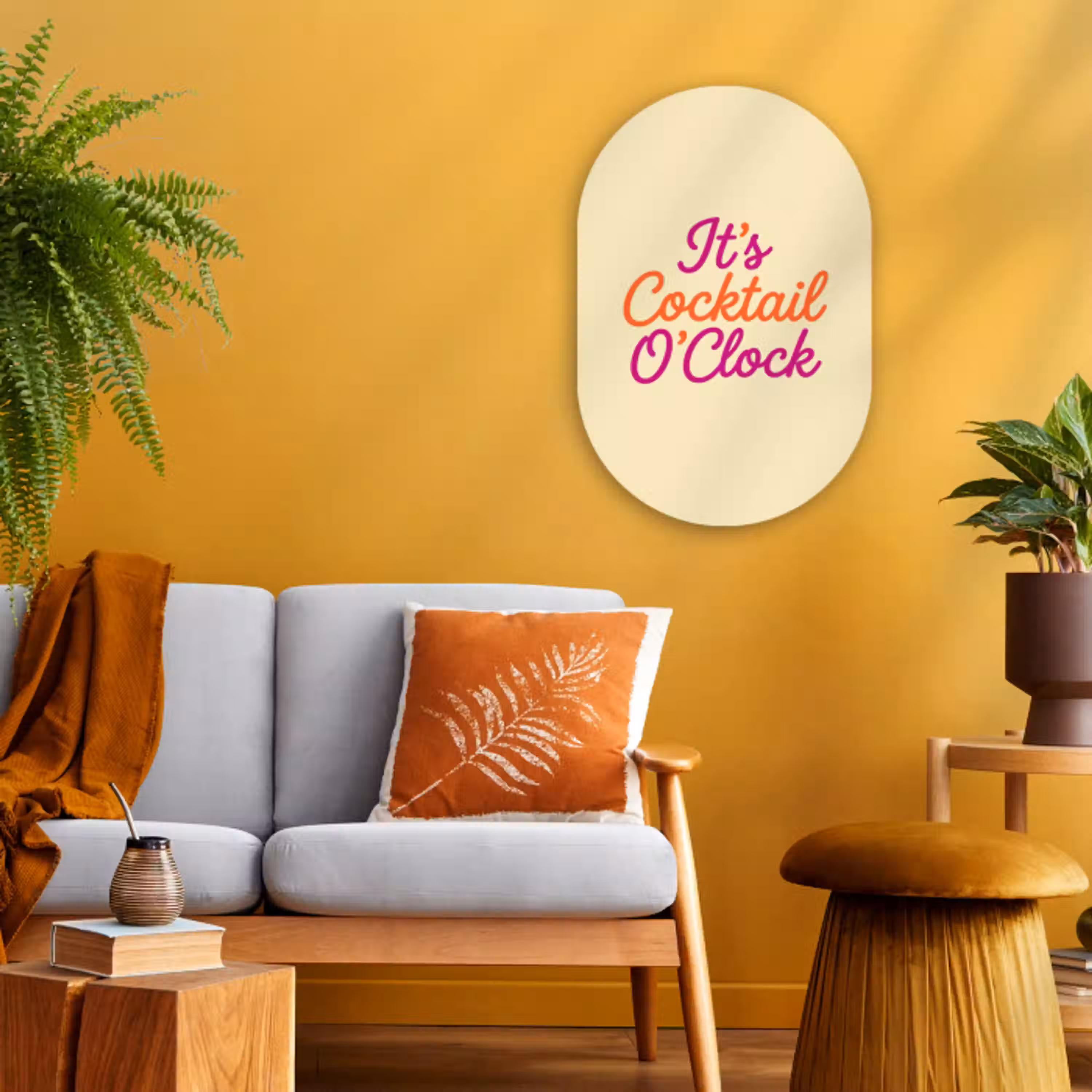 Cocktail O'Clock - Geel - Retro Wandcirkel Ovaal Forex klein -sfeer4