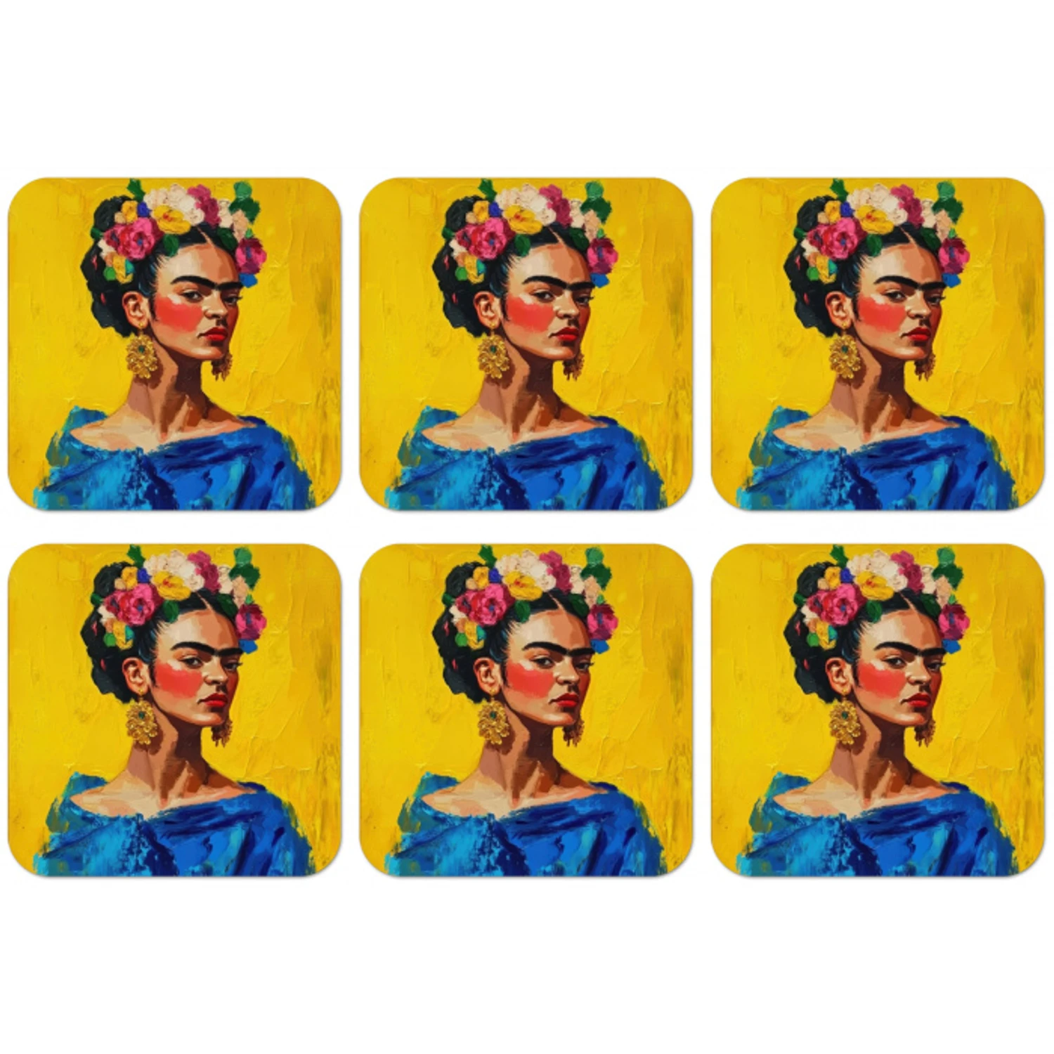 Frida Kahlo - Vrouw - Geel - Blauw - Bloemen onderzetter kurk middel -zkaufland3dotto