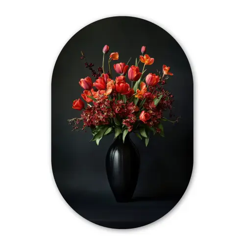 Boeket - Tulpen - Vaas - Rood Wandcirkel Ovaal Glas middel -3d