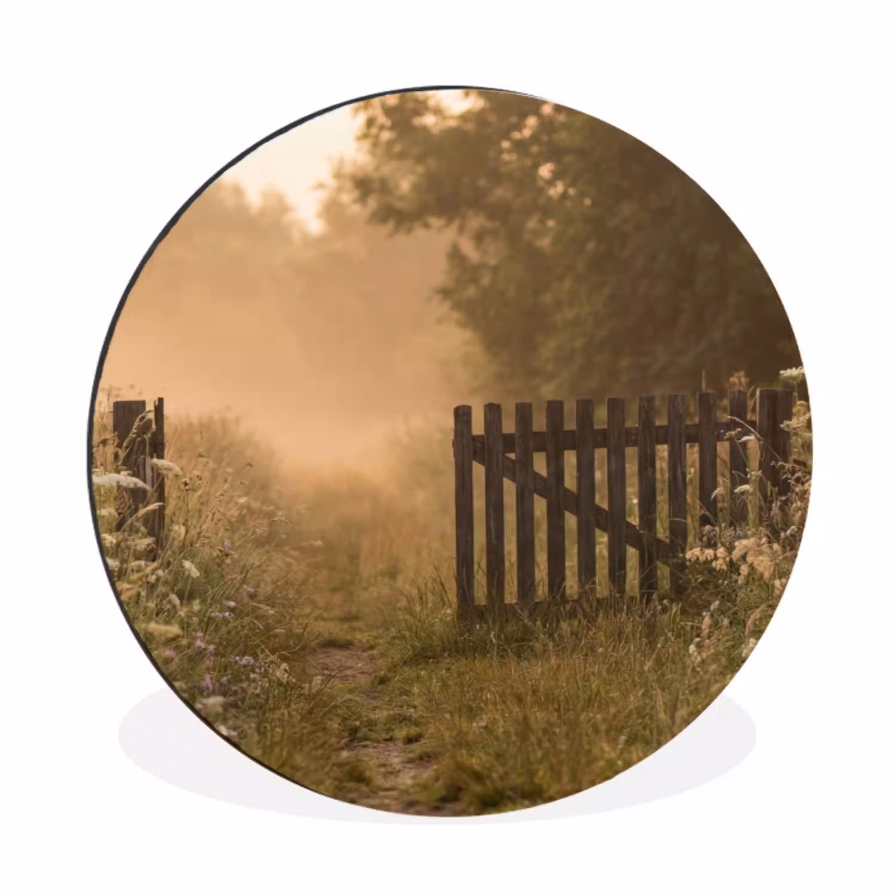 Hek - Natuur - Mist - Veld Wandcirkel aluminium klein -3d