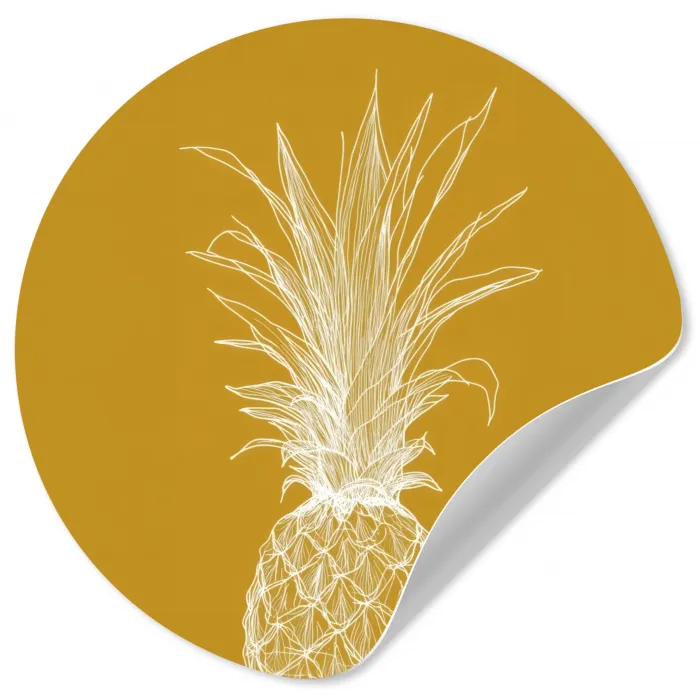 Lijnillustratie - Ananas - Bladkroon - Okergeel Wandcirkel behangsticker klein -3d