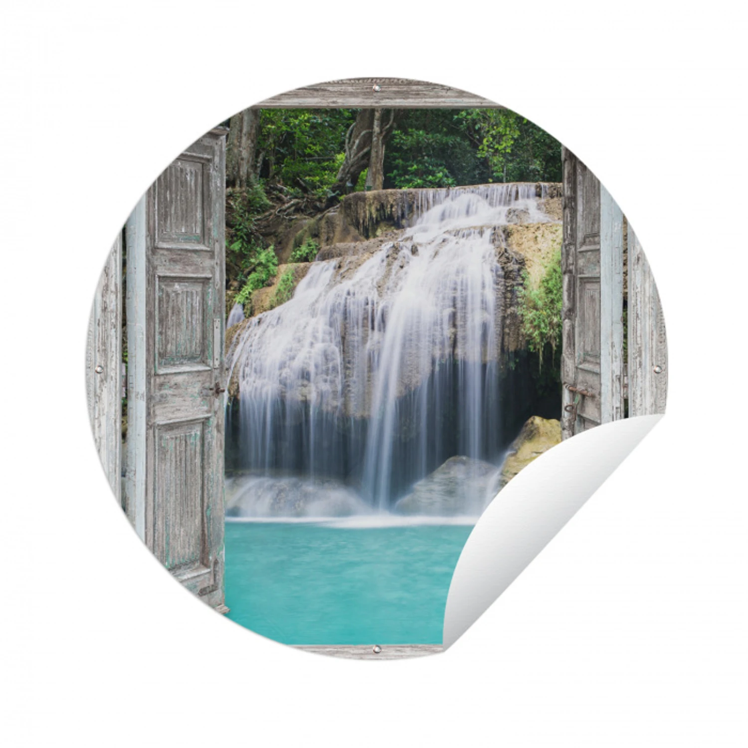 Doorkijk - Waterval - Natuur - Landschap Wandcirkel tuinposter met ringen klein -3d