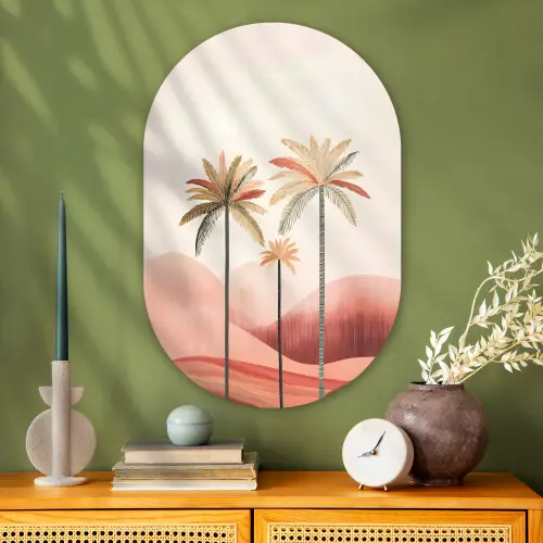 Palmbomen - Heuvels - Minimalistisch - Zachtroze Wandcirkel Ovaal Glas middel -sfeer2