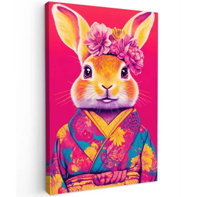 Konijn - Bloemen - Kleurrijk - Kimono Tuinposter op houten frame 2 cm dik klein -3d