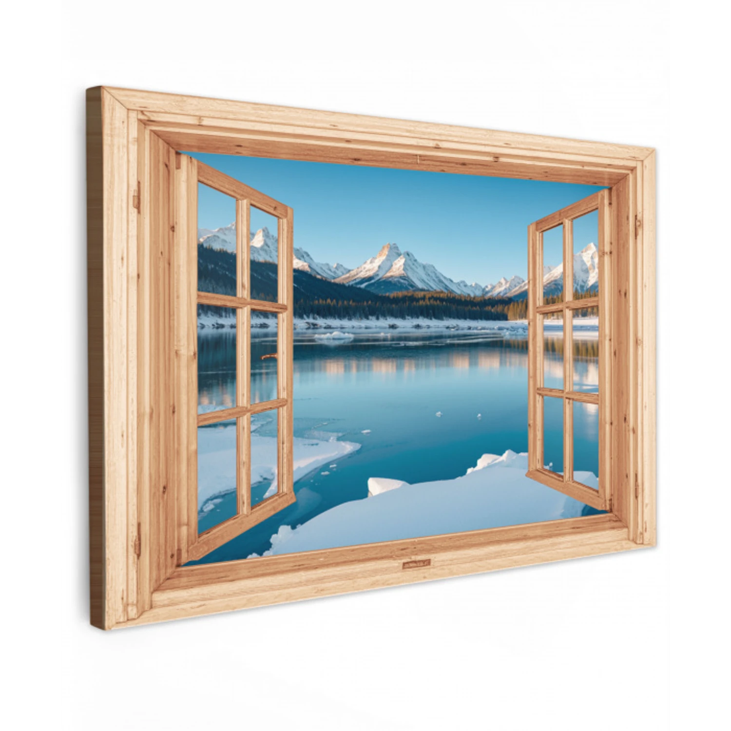 Doorkijk - Landschap - Winter - Meer - Bergen - Uitzicht Tuinposter op houten frame 2 cm dik klein -3d
