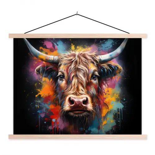 Graffiti - Schotse hooglander - Zwart - Koe textielposter latten blank klein -3d