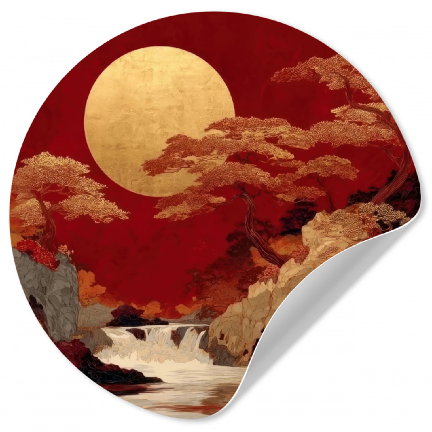 Volle maan - Landschap - Waterval Wandcirkel behangsticker klein -3d