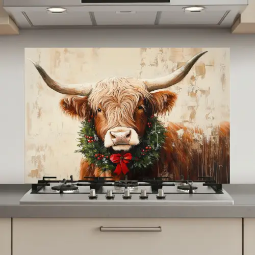Kerst - Schotse Hooglander - Bruin - Krans keuken achterwand spatscherm klein -3d_website