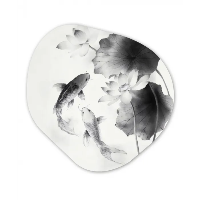 Lotusbloemen - Vissen - Bladeren - Zwart Wandcirkel Organisch Forex 3mm klein -3d