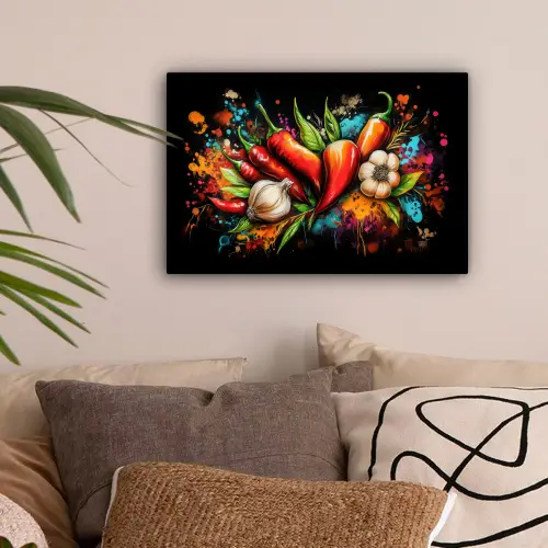 Groente - Peper - Knoflook - Graffiti - Verf - Kleurrijk canvas 2cm klein -sfeer1