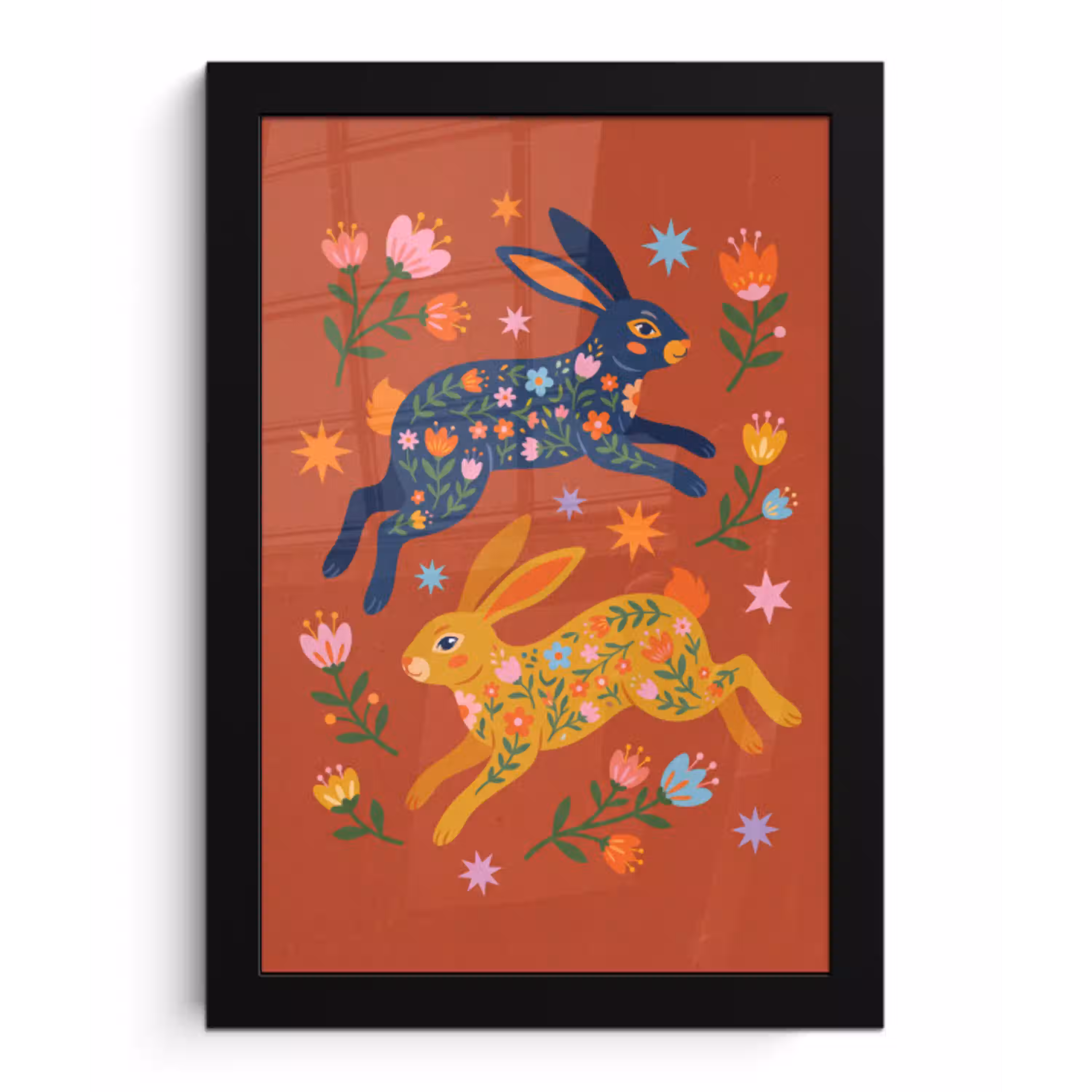 Konijn - Bloemen - Folk Art - Kleurrijk - Dieren fotolijst zwart zonder passe partout klein -3d