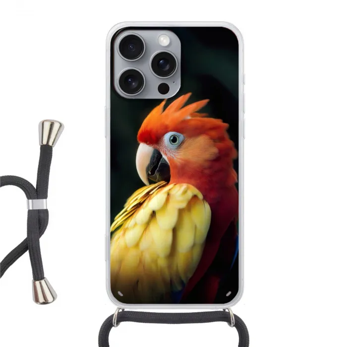 Close-up - Papegaai - Veren - Oranje Hoesje iPhone 16 Pro Max met koord klein -3d