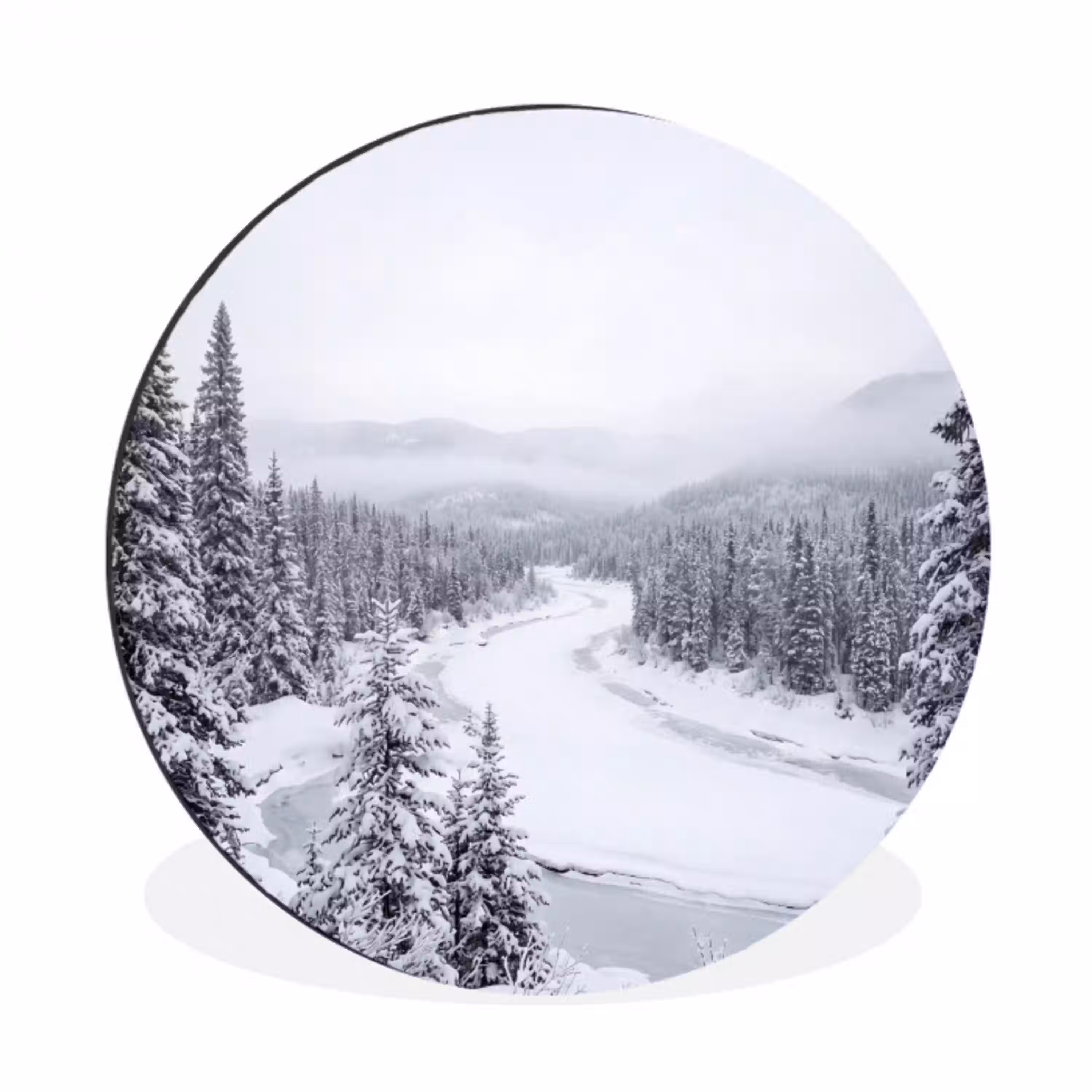 Rivier - Bevroren - Landschap - Winter Wandcirkel aluminium klein -3d