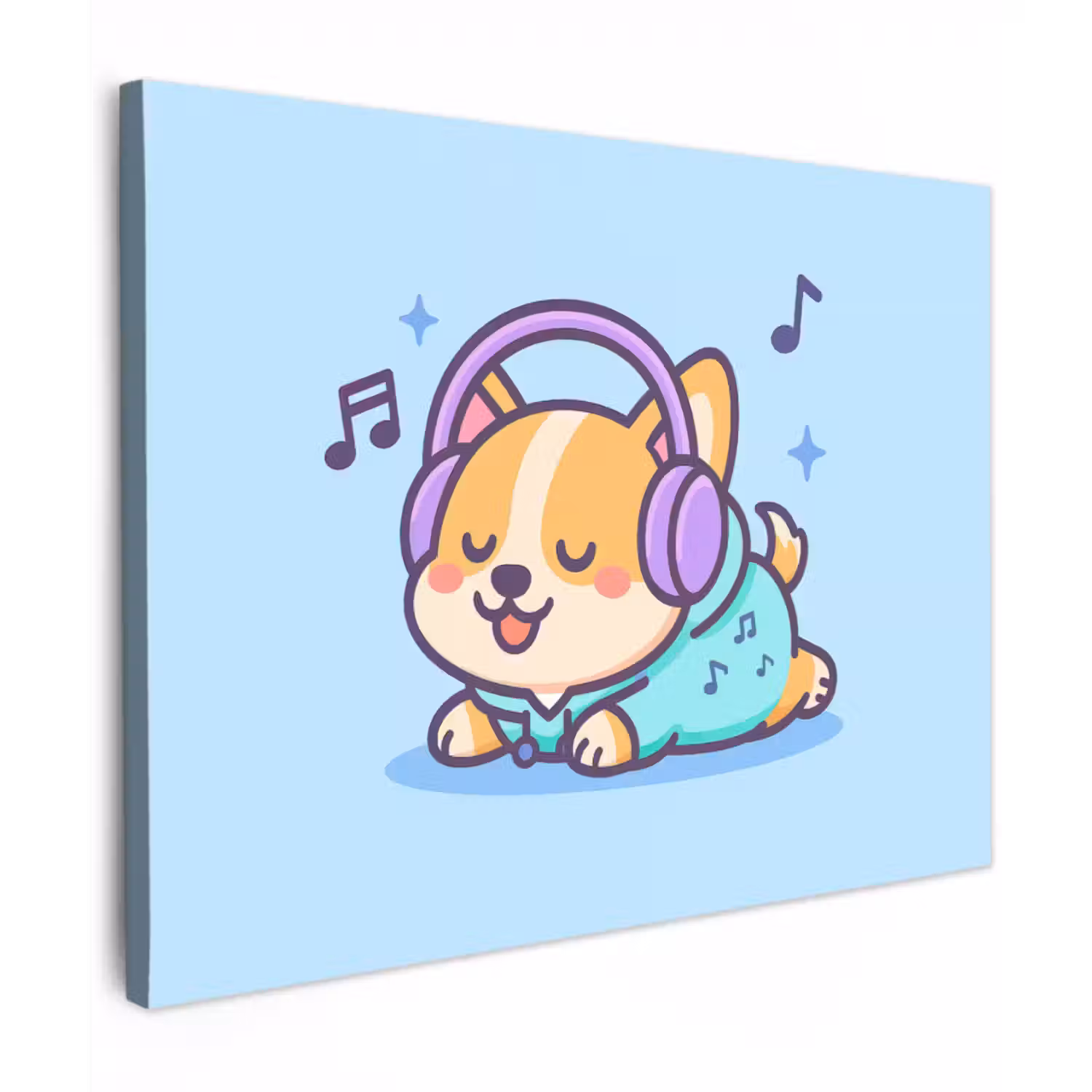 Canvas schilderij - Corgi - Koptelefoon - Blauw - Muzieknoten