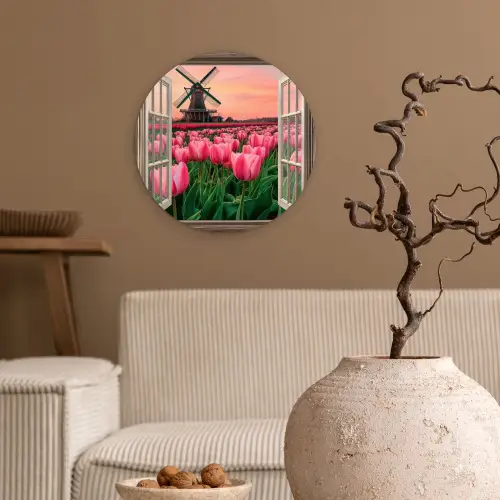 Doorkijk - Tulpen - Bloemen - Molen - Raam Wandcirkel plexiglas klein -sfeer1