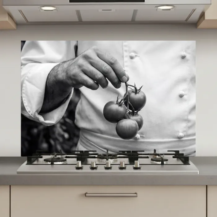 Tomaten - Chef - Zwart - Wit keuken achterwand spatscherm klein -3d_website