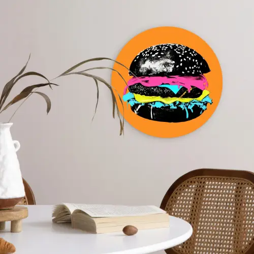 Hamburger - Oranje - Neon - popart Wandcirkel kunststof plaat 5mm dik klein -sfeer4