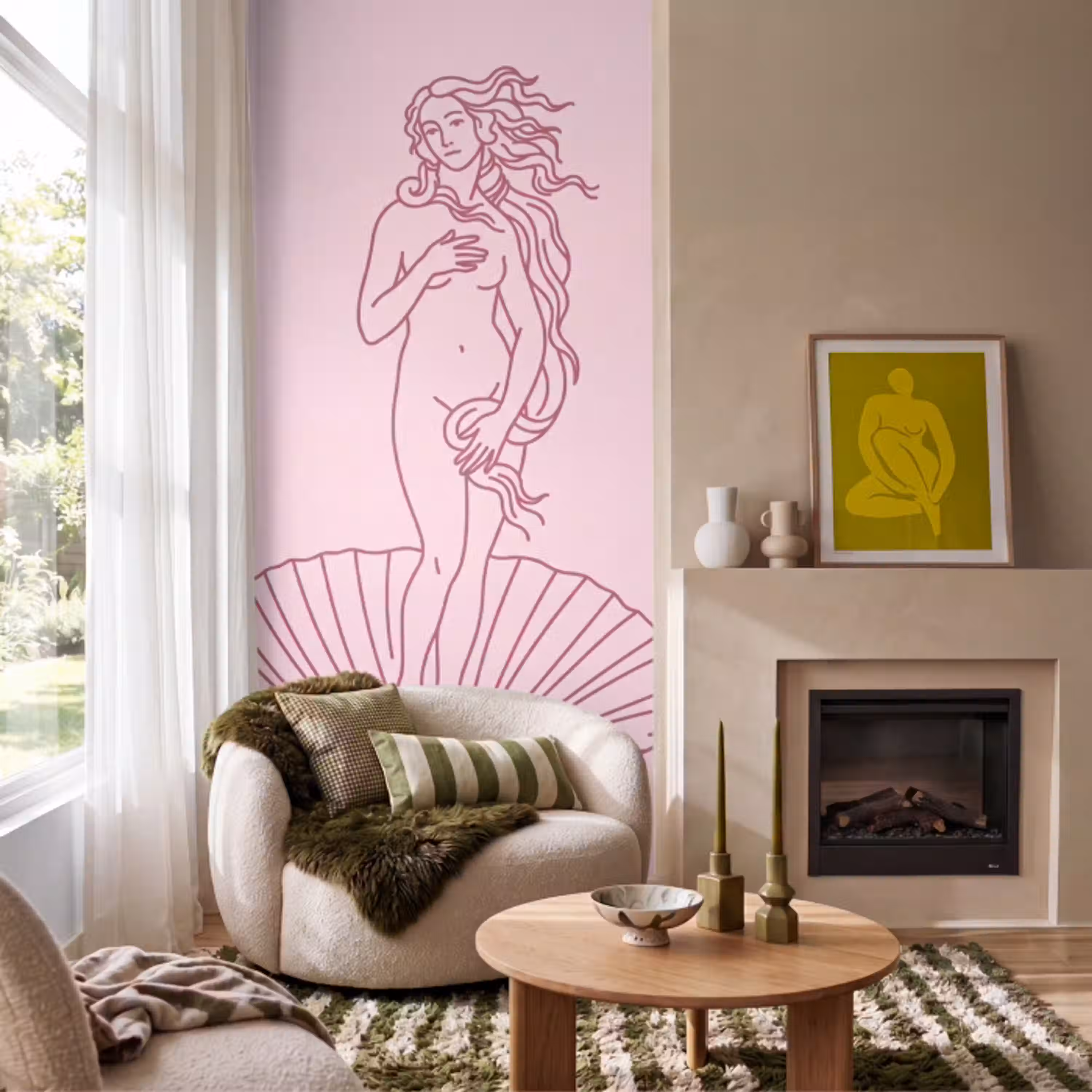 Vrouw - Schelp - Kunst - Lijntekening - Roze Behang Vlies klein -sfeer2