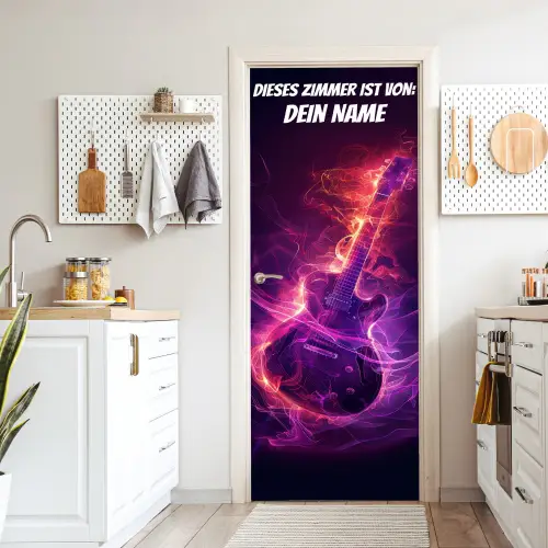 Leuchtende E-Gitarre im Neon-Stil mit personalisierbarem Namensfeld. deurposter klein -sfeer5