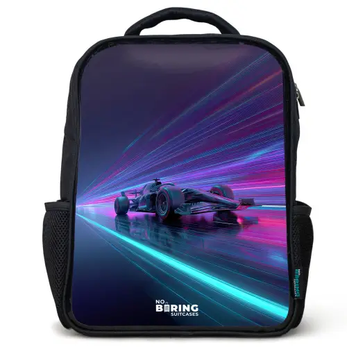 Neon - Raceauto - Lichtstrepen - Paars Rugzak - Zwart middel -3d