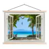 Doorkijk - Boom - Zee - Palmboom - Heuvels - Strand - Blauw textielposter latten blank klein -3d