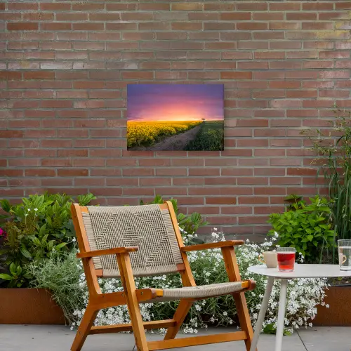 Bloemen - Weg - Lucht - Geel - Paars - Zonsondergang - Natuur Tuinposter op houten frame 2 cm dik klein -sfeer3