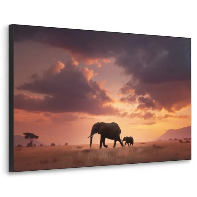 Art frame - Olifanten - Grasland - Zonsondergang