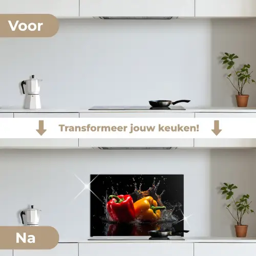 Paprika - Water - Zwart - Groente - Rood - Geel keuken achterwand spatscherm klein -voor_na_NL