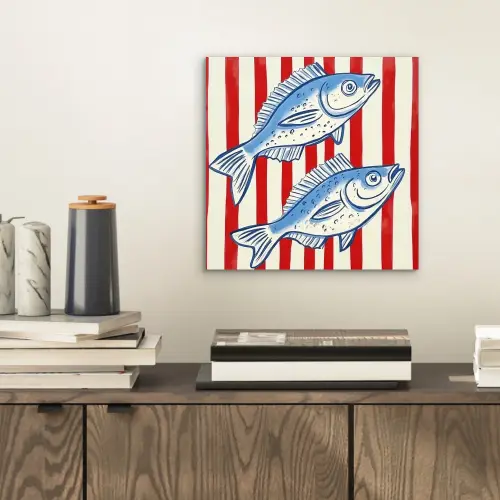 Vissen - Verticale strepen - Blauw - Rood aluminium wit klein -sfeer1