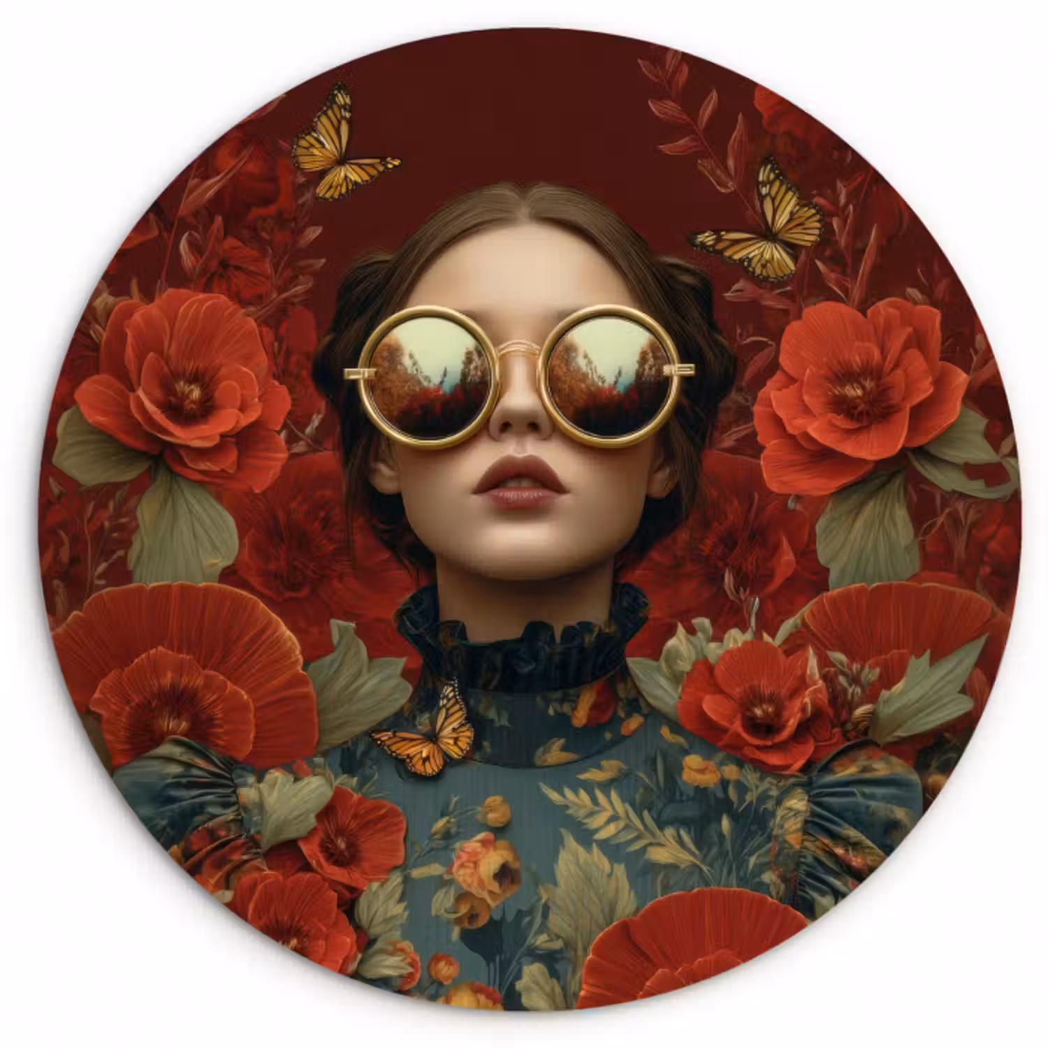 Forexbild Rund - Blumen - Tiefrot - Sonnenbrille - Frau
